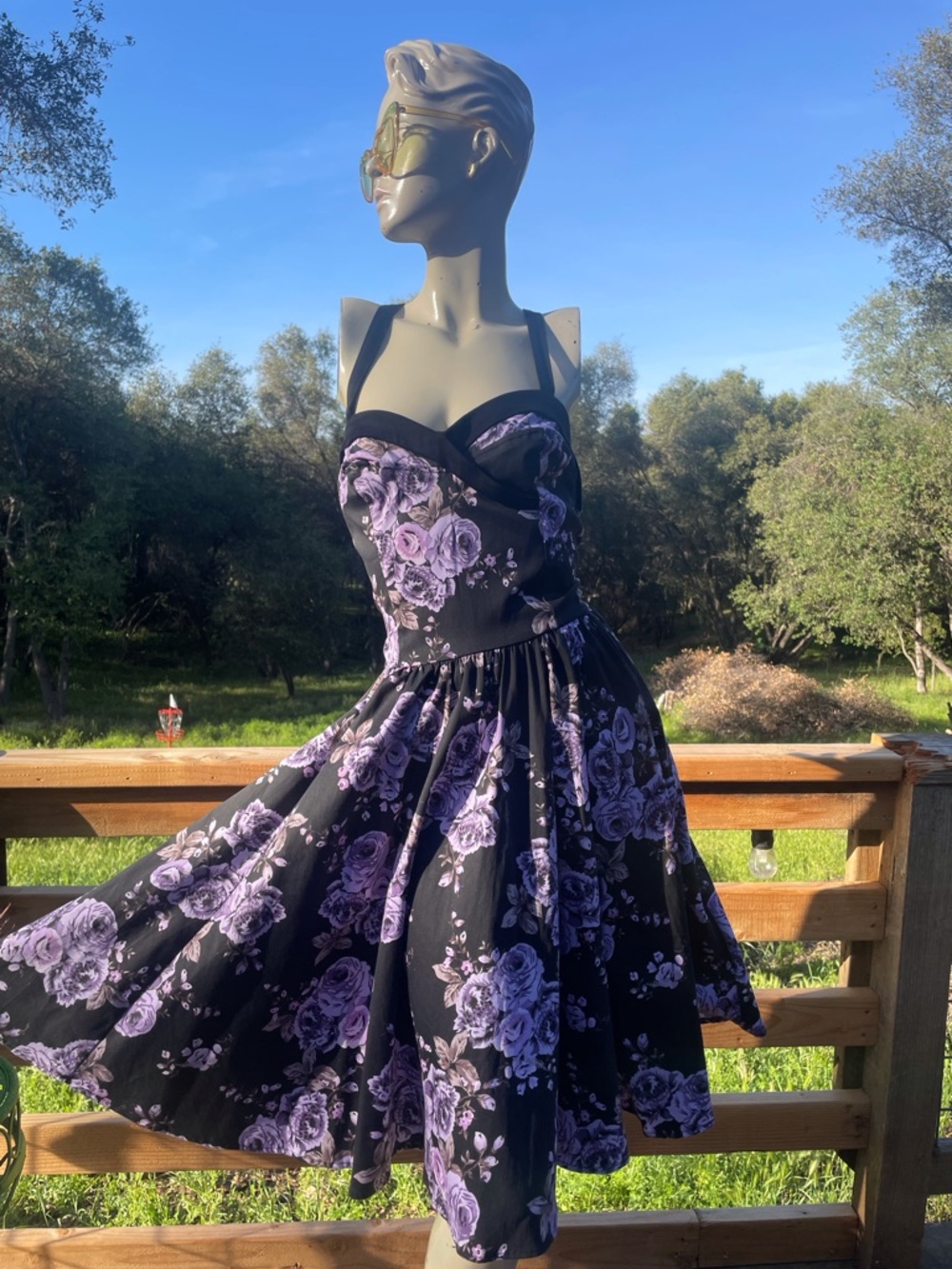 Pinup Couture Black Midi Swing Dress with Purple Rose Print - Picture 9 of 12